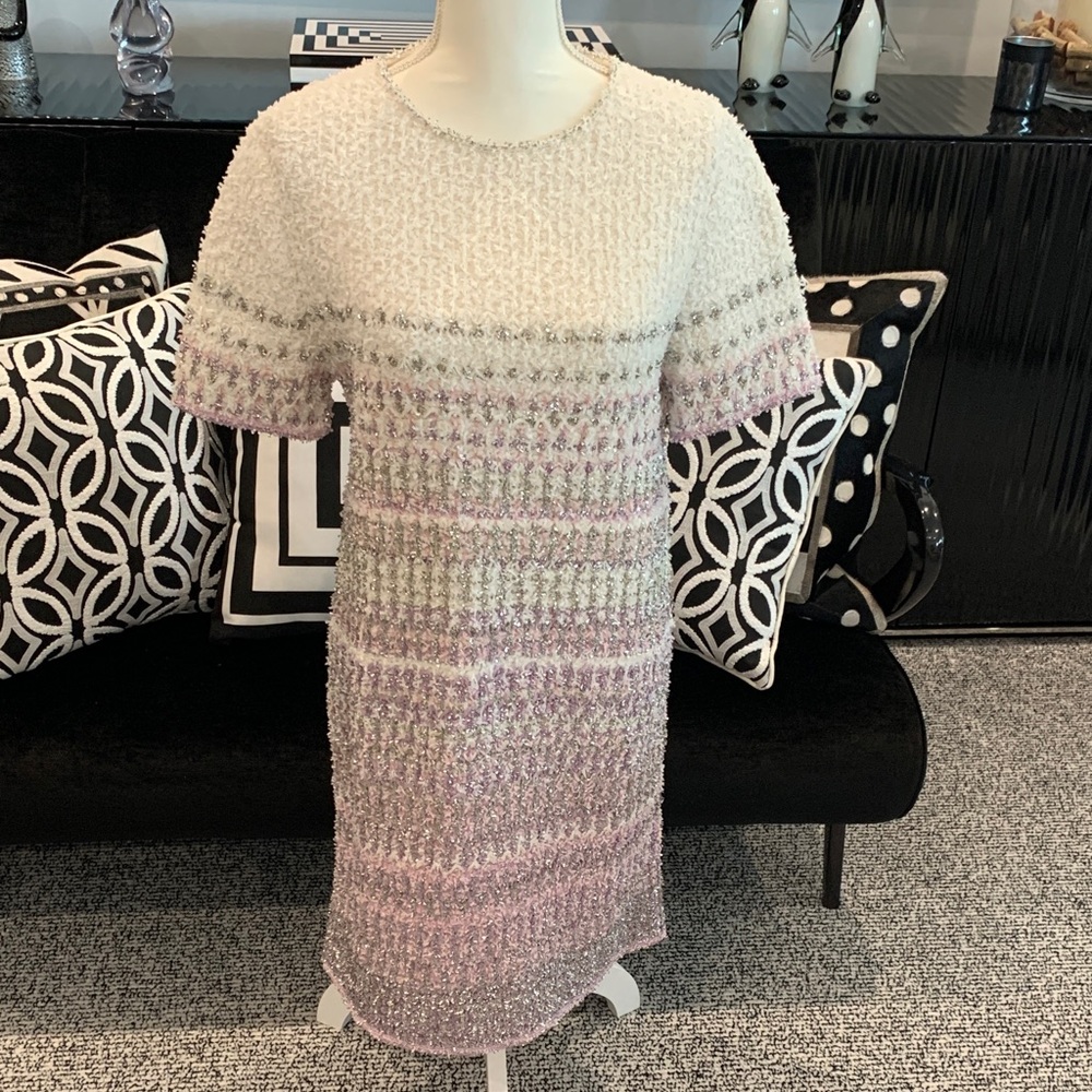 CHANEL Cream and Light Pink Textured Midi Dress